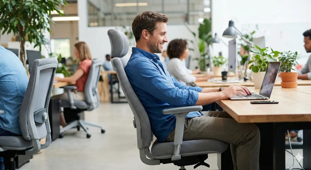 עובד יושב בנוחות בעבודה עם ריהוט משרדי של רהיטי עוצמה